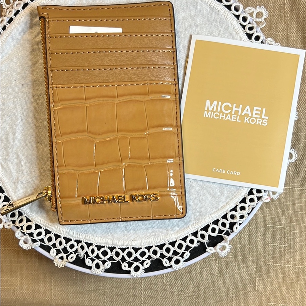 Michael Kors Camel Croc-Embossed Card Holder